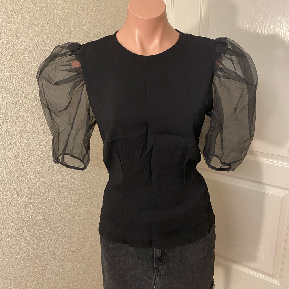 Zara Black Puff Sleeve Sheer Organza Top